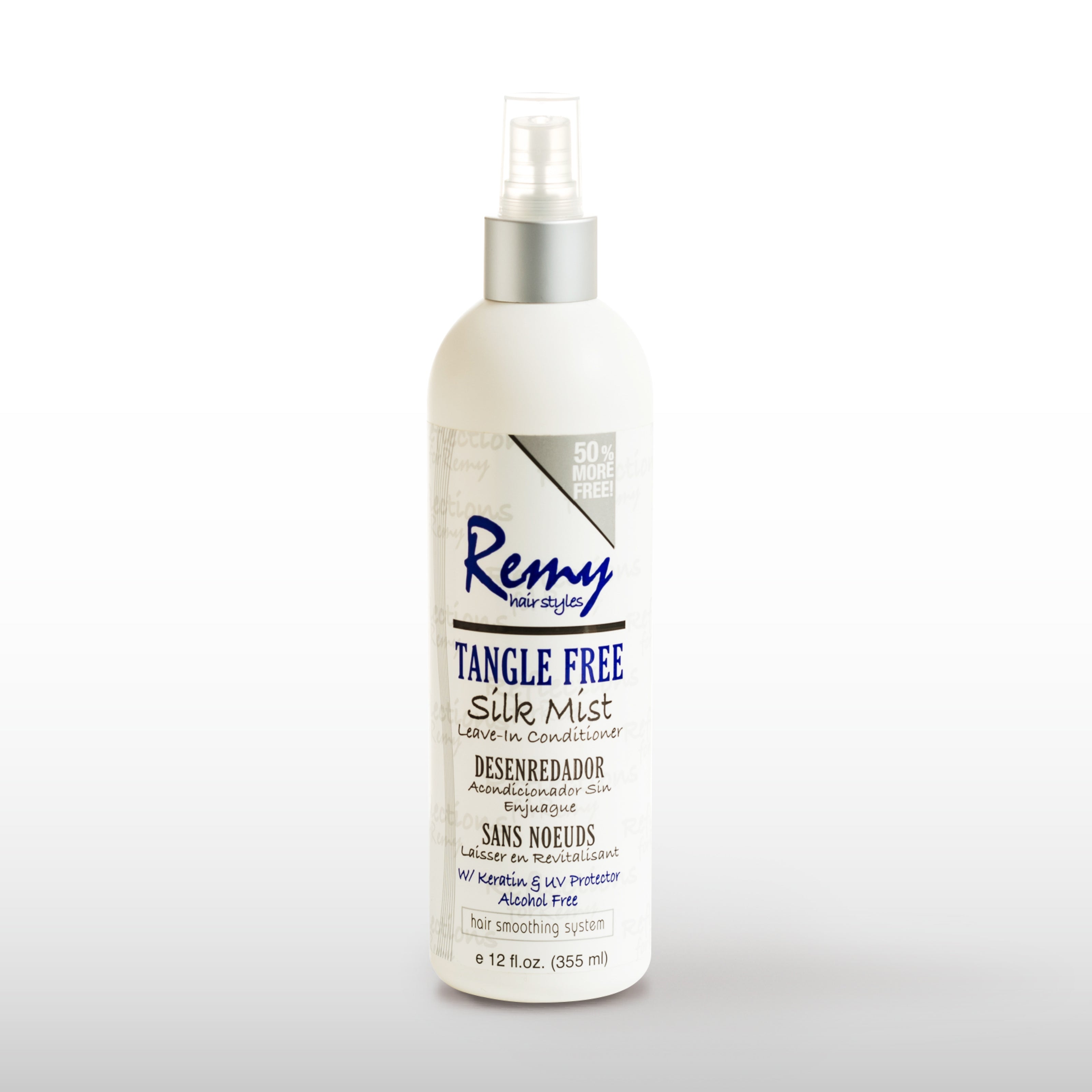 "Bottle of Remy Reflections Tangle Free Silk Mist for calming frizz and fly-aways, restoring moisture balance.